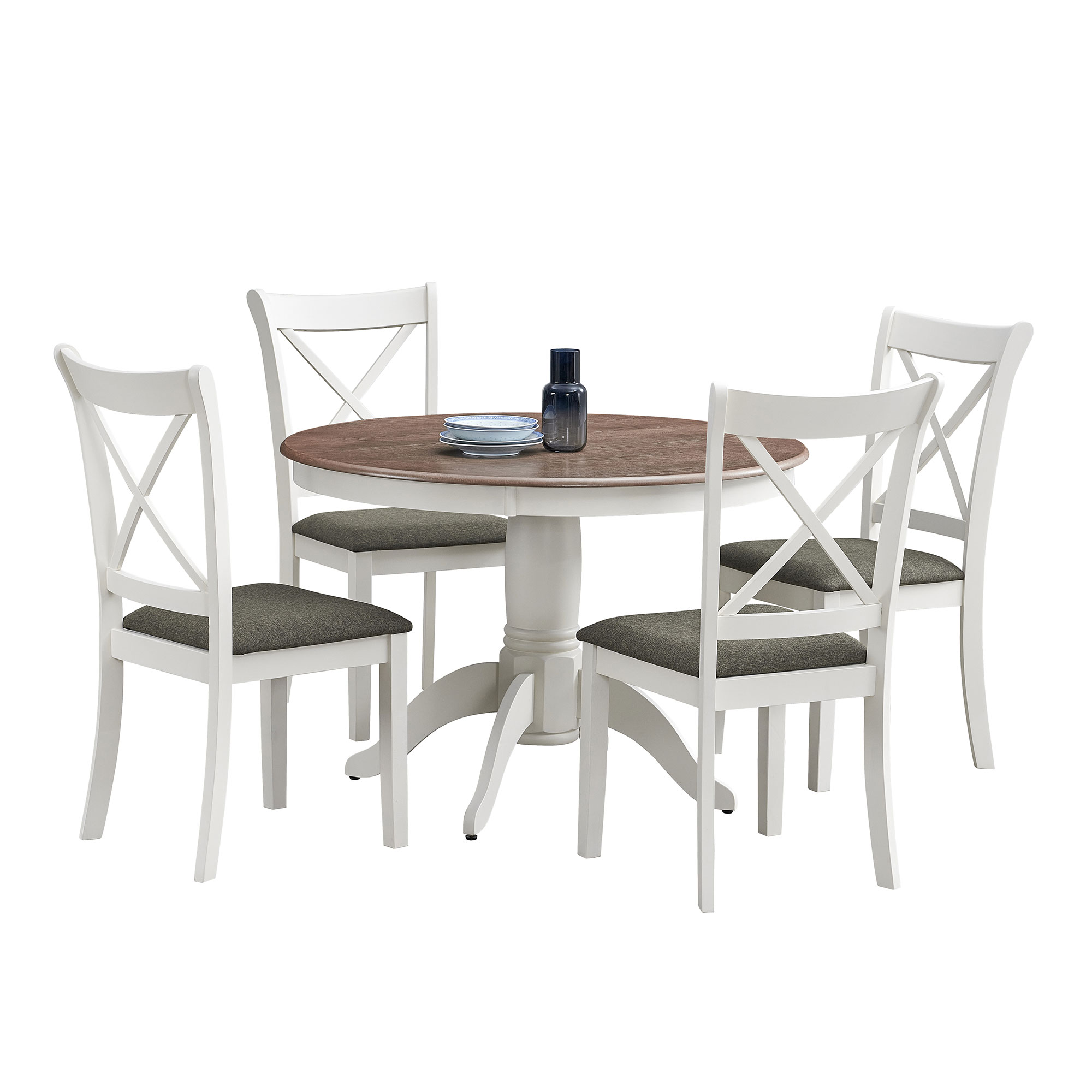 Modern 5-Piece Wooden Dining Table Set – Round Kitchen Table with Curved Trestle Legs and Upholstered Chairs, Space-Saving Design for Dining Room or Kitchen (Seats 4)