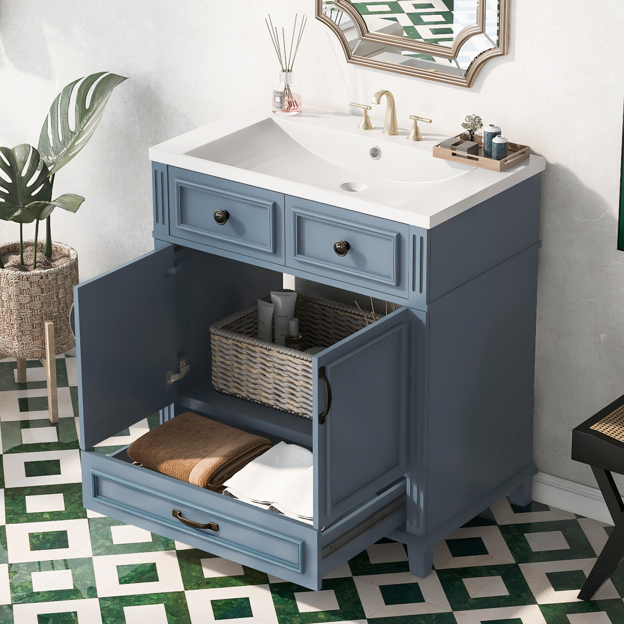 30'' Retro-Style Bathroom Vanity with Resin Sink – Solid Wood Frame Storage Cabinet with Soft-Closing Doors, Blue