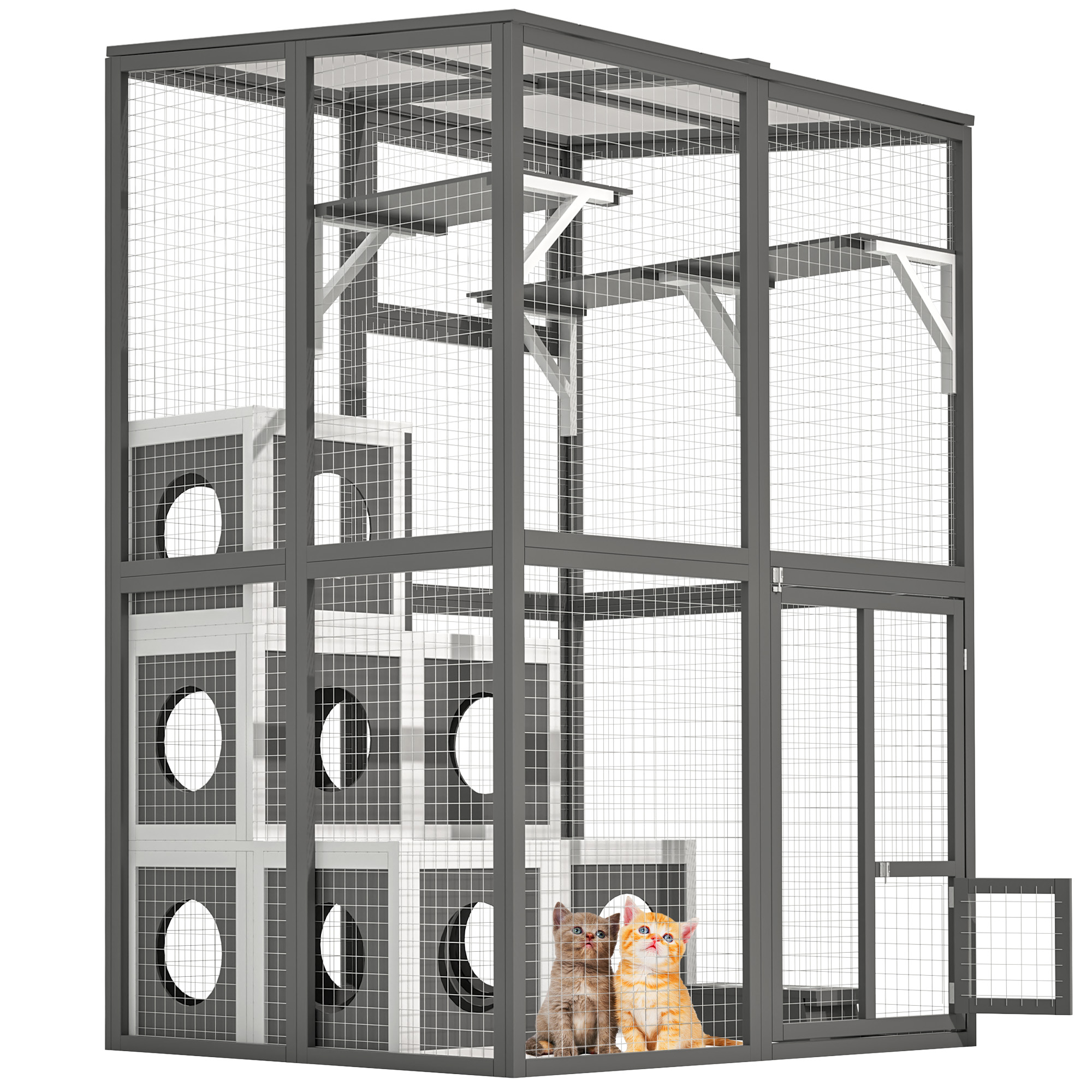 ONTY Outdoor Wooden Cat Catio - Large Solid Wood Cat Cage Playpen with 2 Jumping Platforms, 7 Napping Houses & Walk-in Cat Kennel Condo Shelter, Grey